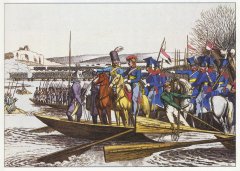 Неизвестный художник. Союзные войска переправляются через реку Рейн. Раскрашенная гравюра. Первая половина XIX